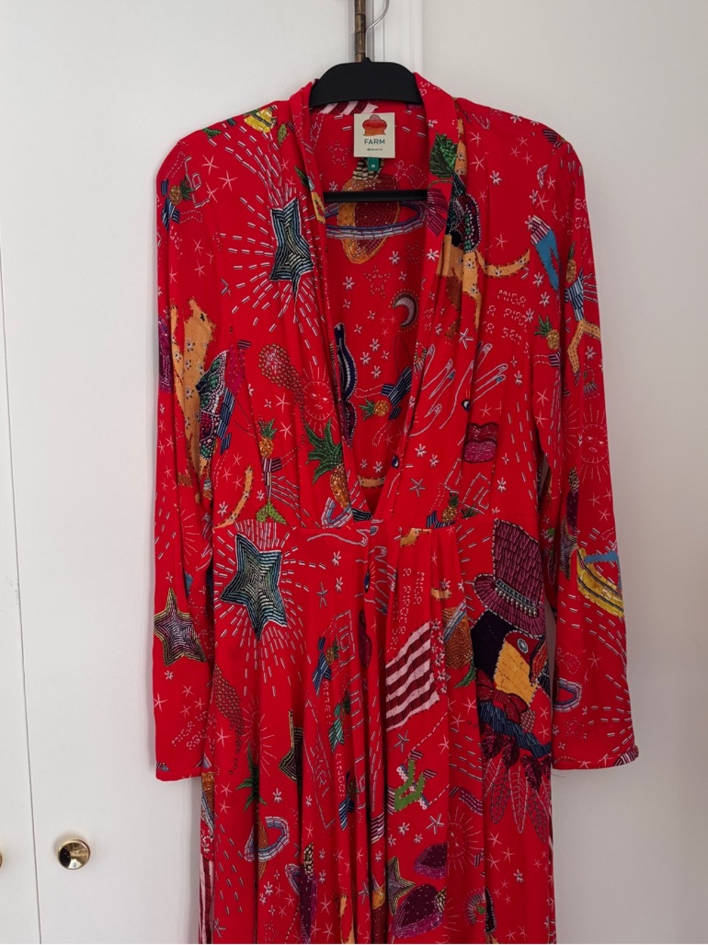 Farm Rio Carnival long sleeve‎ maxi dress red, size medium - Picture 8 of 8